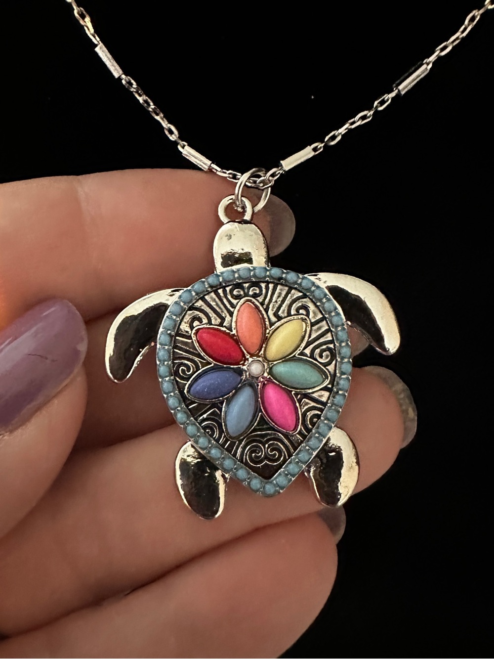 Handmade Vibrant Turtle Pendant Necklace - Silver Tone with Multicolor Accent